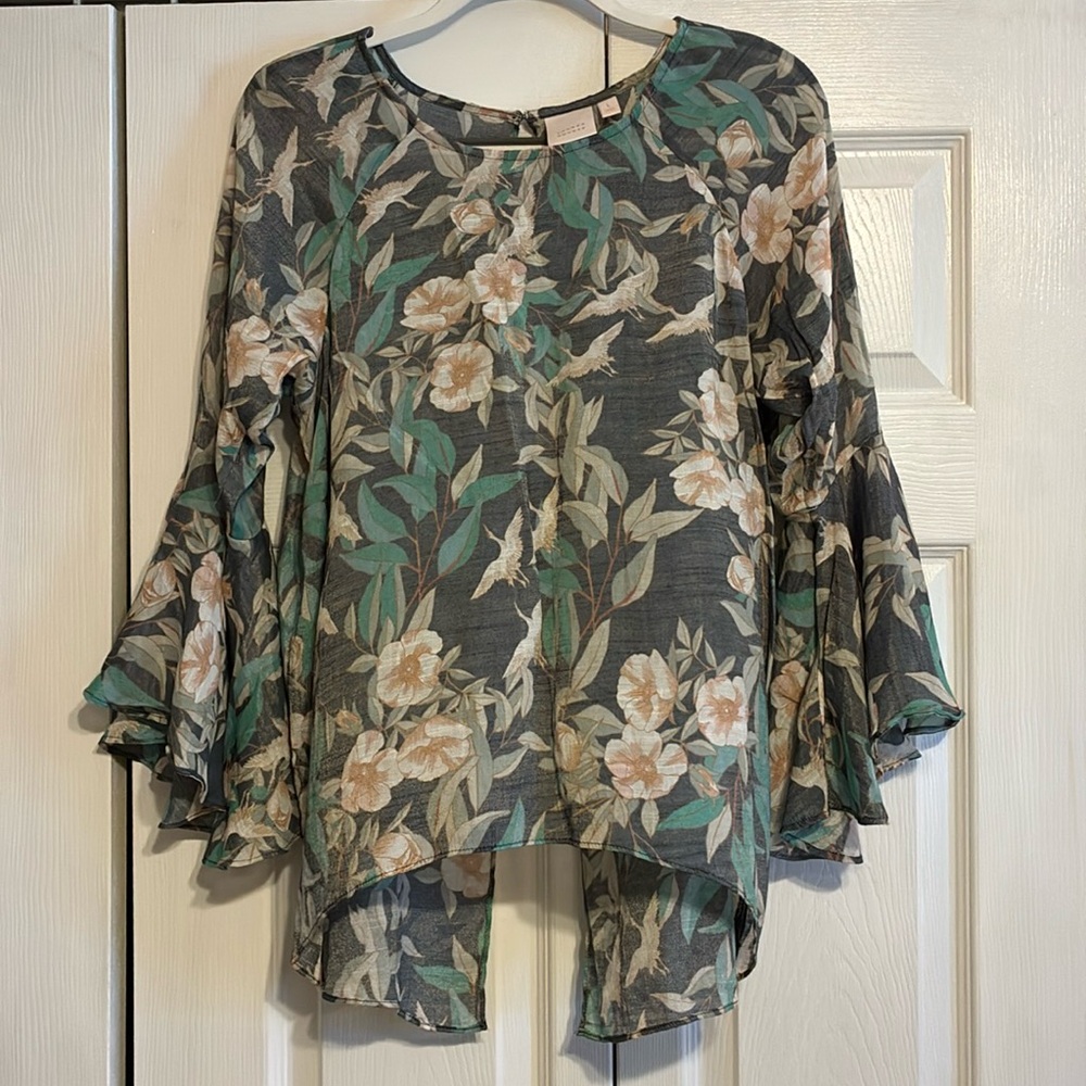 LC Lauren Conrad Floral 3/4 Bell Sleeve Blouse - Green and Cream